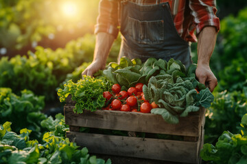 Agriculturist holding a wooden box of freshly harvested vegetables and fresh seasonal greens from the garden against a golden sun light
