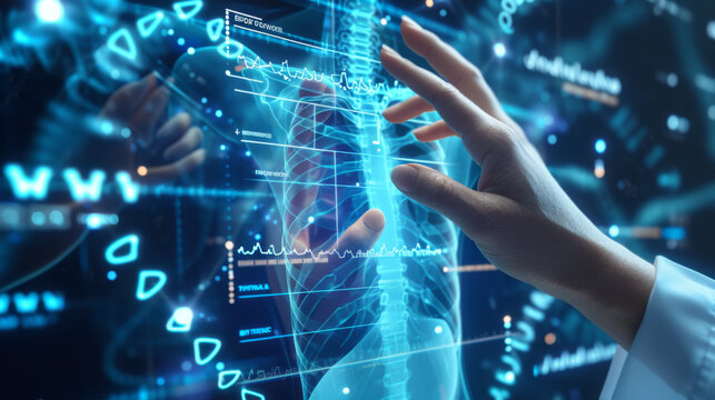 person is interacting with a futuristic medical interface displaying holographic images of human anatomy and various medical data