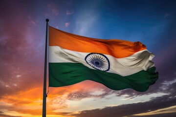 The Indian flag is seen flying high above, symbolizing national pride and unity, Tricolor Indian flag during sunset and a beautiful sky, AI Generated