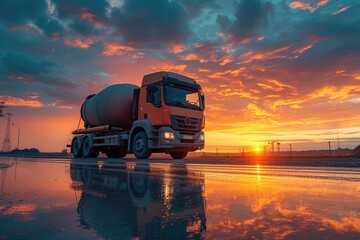 Cement truck machinery at dusk. Generative Ai. - obrazy, fototapety, plakaty