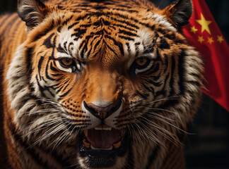 Obraz premium Majestic Tiger against Chinese Flag
