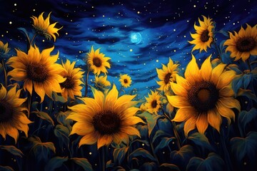 A stunning painting capturing the beauty of sunflowers in a moonlit field, Van Gogh's painting of sunflowers under a starry night sky, AI Generated