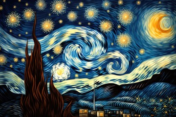 Discover the awe-inspiring artwork of a serene night sky, beautifully depicted with countless twinkling stars, Van Gogh's painting of sunflowers under a starry night sky, AI Generated