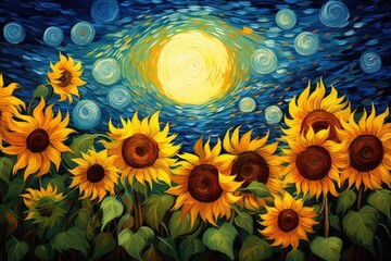 A beautiful painting depicting sunflowers in a field illuminated by the moonlight, Van Gogh's painting of sunflowers under a starry night sky, AI Generated - Powered by Adobe
