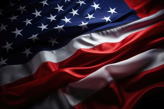A powerful image of the American flag fluttering in the wind, symbolizing the core values of the United States and its citizens, United States Flag On Black Background, AI Generated