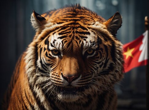 Tiger Portrait with Flag