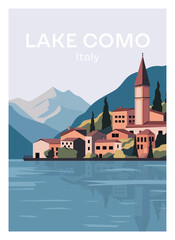 Lake Como landscape art print. Italian panorama with lake and mountains, vintage postcard with old town villas and cypress, flat poster design. Vector illustration