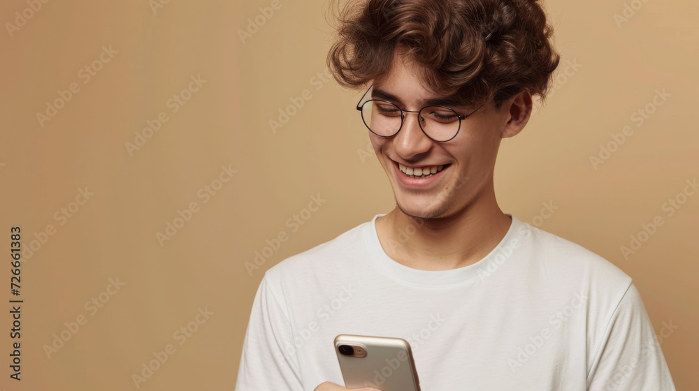 Wall mural young man with curly hair wearing glasses and a white t-shirt, smiling while looking at his smartpho