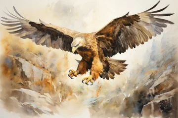 Poster A stunning painting capturing the grace and power of an eagle as it soars through the sky, Watercolor abstract illustration of a golden eagle in action, AI Generated © Ifti Digital