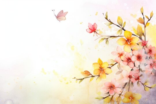 A vibrant watercolor painting showcasing a beautiful bouquet of flowers and a delicate butterfly, Watercolor background with spring florals, AI Generated