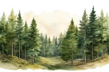 This captivating painting portrays a vibrant forest teeming with an array of trees, Watercolor illustration of a hand-drawn coniferous forest featuring spruce trees, AI Generated