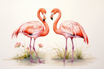 Two pink flamingos elegantly stand side by side in the water, showcasing their graceful presence, Watercolor painting of flamingos, AI Generated