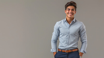 young man is smiling and posing for the camera wearing a smart casual blue shirt, looking relaxed and confident
