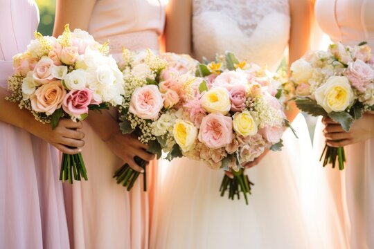 A picture showcasing a group of bridesmaids each grasping vibrant bouquets of flowers, Wedding flowers, the bride, and bridesmaids holding their bouquets on the wedding day, AI Generated