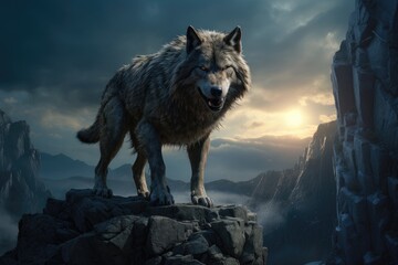Lone Wolf Surveying Vast Landscape From Rocky Cliff, Wolf standing in front of a rock with a full moon in a magical realism matte painting portraying a dangerous and powerful creature, AI Generated
