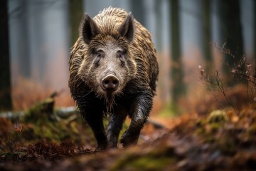 Witness the grace and strength of a wild boar as it swiftly dashes through the lush greenery of a forest, Wild boar Sus scrofa in the Czech Republic, AI Generated