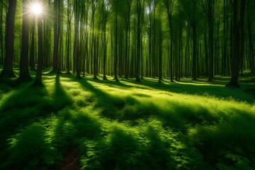 Fototapeta na wymiar Sunlight dappling a forest glade, where the play of light and shadows forms an enchanting pattern on the vibrant green vegetation