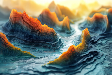 An AI-generated image where traditional landscape morphs into an abstract, digital terrain, symbolizing the merge of nature and technology. Concept of digital landscapes. Generative Ai.