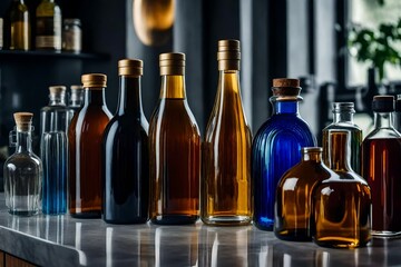 Close-up view of various bottles, each with its own distinct contents, arranged artfully on a modern kitchen counter.