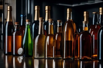 Obraz premium Close-up view of many bottles, each with its own distinct contents, artfully arranged on a modern kitchen counter.