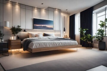 A minimalist bedroom has a comfortable bed and soothing ambient lighting.
