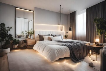 A minimalist bedroom with a comfy bed and soft ambient lighting.