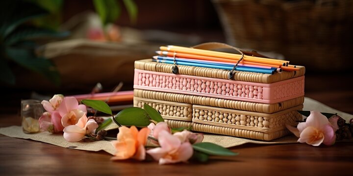 pencil case made of natural rattan decorated with flowers