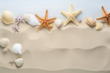 Fototapeta na wymiar shells and starfish on sand,summer concept,Generated By Ai