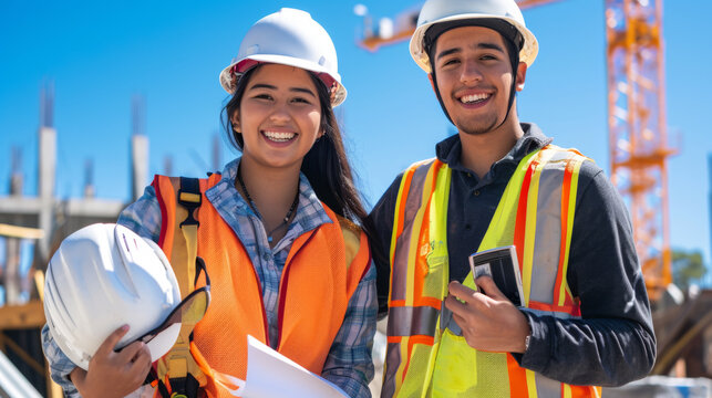 two young construction workers are smiling at the camera