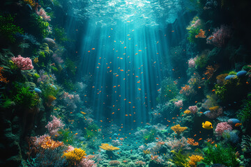 Fototapeta na wymiar An AI interpretation of underwater life, creating a fantastical seascape that transcends physical boundaries. Concept of AI in exploring oceanic mysteries. Generative Ai.
