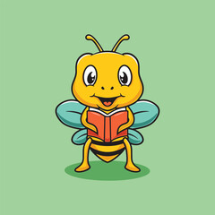 Cute bee reading book cartoon illustration