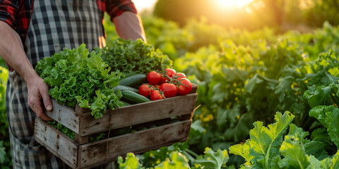 Agriculturist holding a wooden box of freshly harvested vegetables and fresh seasonal greens from the garden against a golden sun light - obrazy, fototapety, plakaty