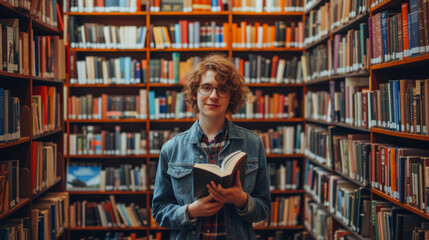 woman with curly hair is smiling at the camera, holding a book, with a blurred library bookshelf in the background