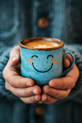 Man's hands holding a blue coffee cup with happy face. Morning coffee and positivity concept.