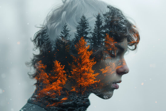 A double exposure film photograph blending nature and a human silhouette, creating a surreal effect. Concept of creative techniques unique to film photography. Generative Ai.