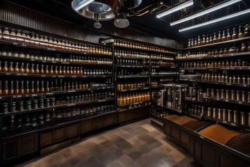 A coffee aisle with a choice of beans, grinders, and brewing equipment.