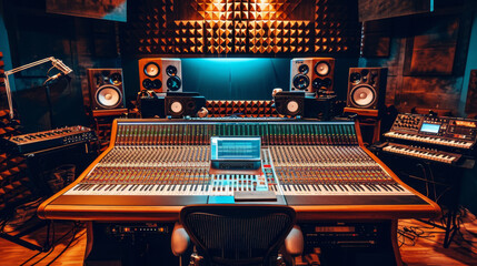 professional music studio with a large mixing console