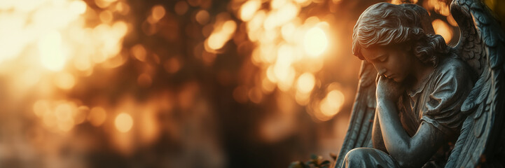 Sad angel statue at sunset with copy space, funeral services, grief, sorrow and mourning web banner
