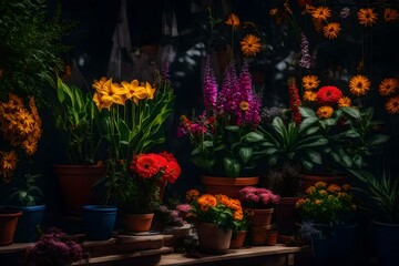 Obraz na płótnie Canvas A vibrant display of seasonal flowers and potted plants 