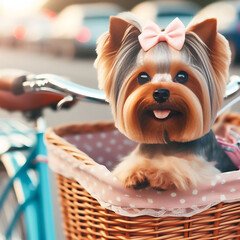 A yorkshire terrier dog sitting in a basket on a bicycle.