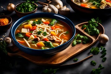 A warm cup of handmade soup with chunky vegetables and thick noodles.