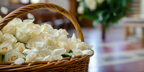Basket full of fresh white roses and flower petals during a funeral or a wedding ceremony