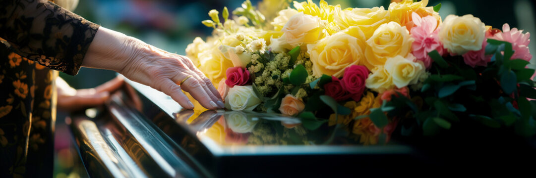 Last farewell, hands of an old woman on the coffin during the funeral, casket with flowers, outdoor burial ceremony web banner