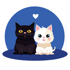 Black cat and white cat are in love. Romantic vector illustration