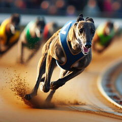 A greyhound dog racing on a track.