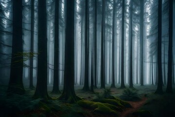 A pattern of tree trunks in a misty forest creates a sense of depth and mystery in the atmospheric woodland image. - obrazy, fototapety, plakaty