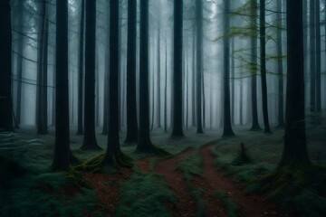 Naklejka premium A repeating pattern of tree trunks in a misty forest creates a sense of depth and mystery in the gloomy woodland setting