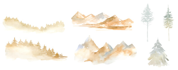 Mountain peak landscape watercolor vector clipart, trees in the mountains, cloud mountains, Watercolor forest landscape, Scenery illustration, pine tree, coniferous forest, spruce.  © Yevheniia Poli