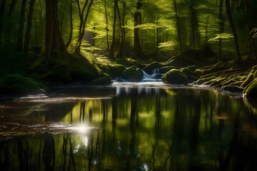A peaceful forest stream, with sunshine pouring through the trees and forming a natural and relaxing pattern on the water's surface.