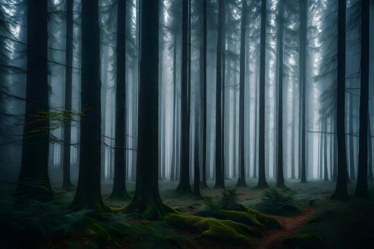 A pattern of tree trunks in a misty forest creates a sense of depth and mystery in the atmospheric woodland image.